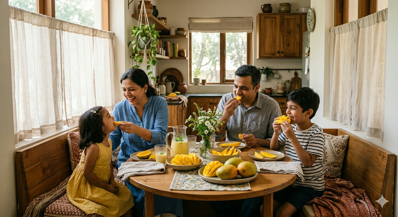 Family enjoying Dasehri mangoes